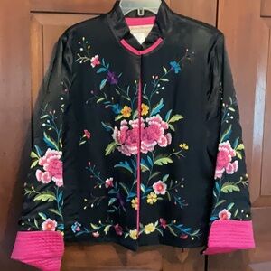 Norm Thompson Black and Pink Jacket with Floral Embroidery